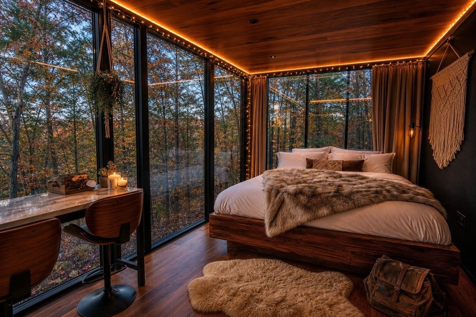 Skybox bedroom interior at dusk with warm amber lighting and forest views