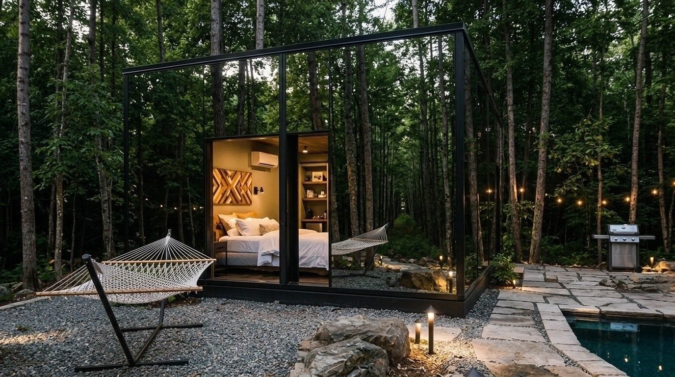 Skybox by Luxsugero — mirrored modular suite glowing at dusk in a private forest