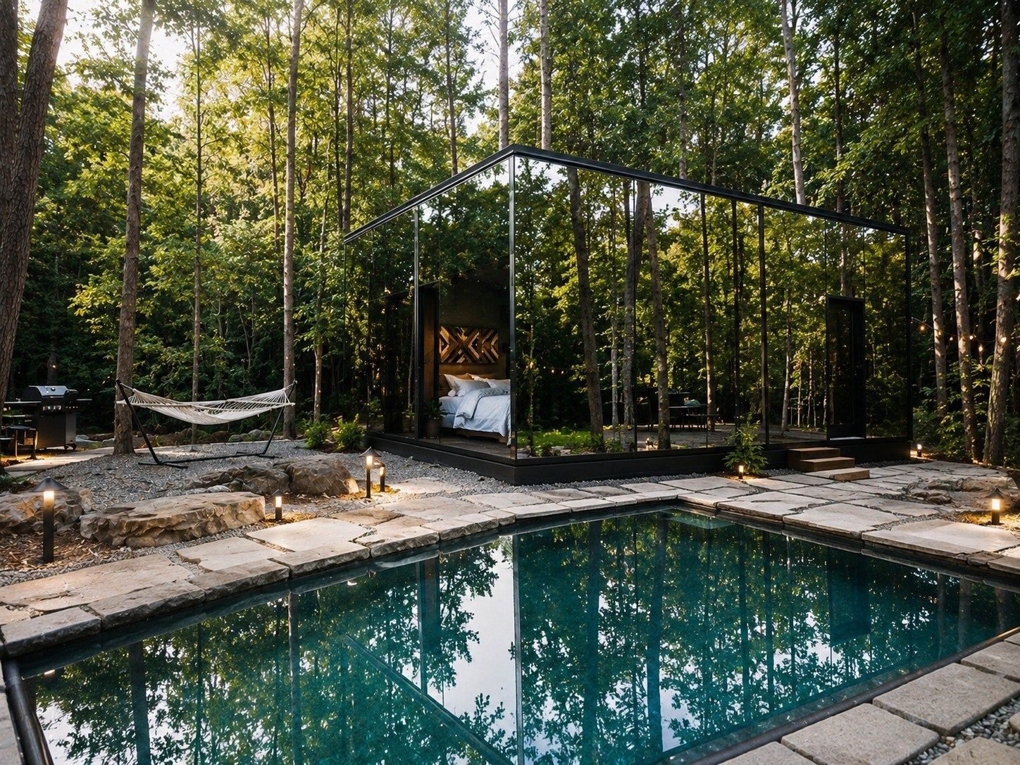 Skybox exterior reflected in a forest pool at dusk