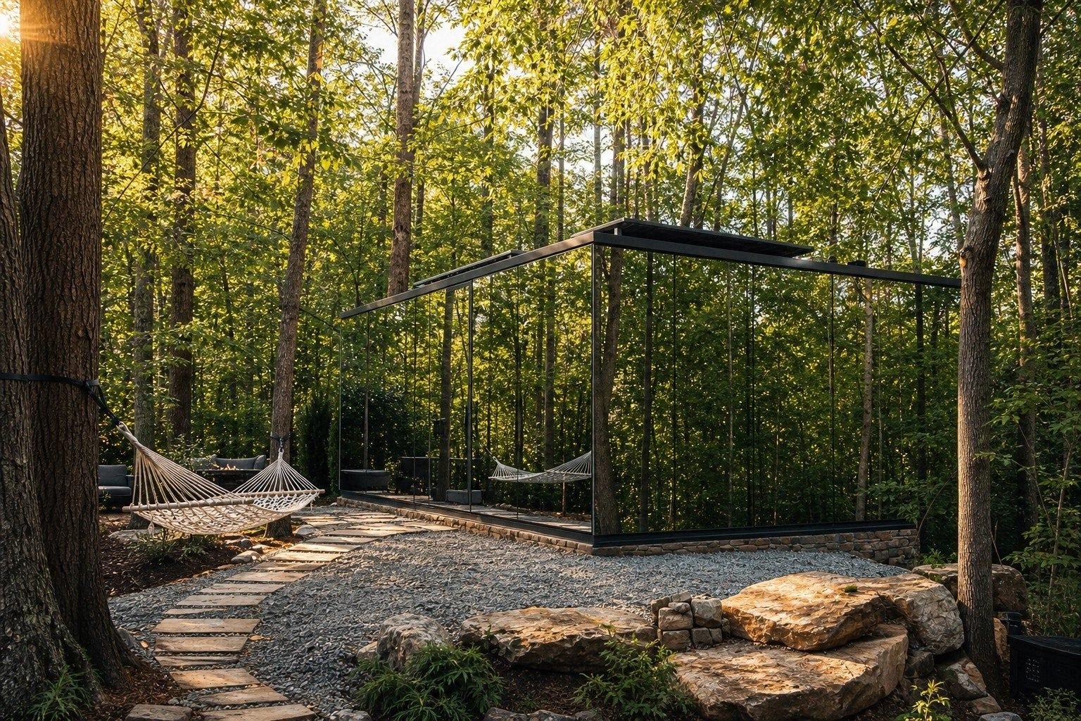 Skybox mirrored exterior in sunlit forest setting