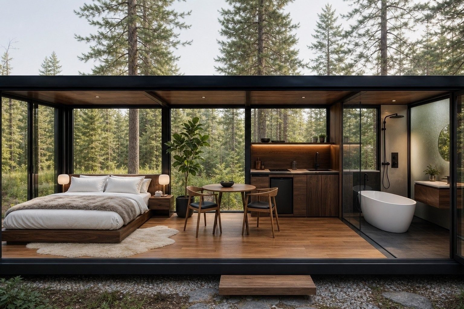 Open-plan Skybox interior showing bedroom, living area, and bathroom