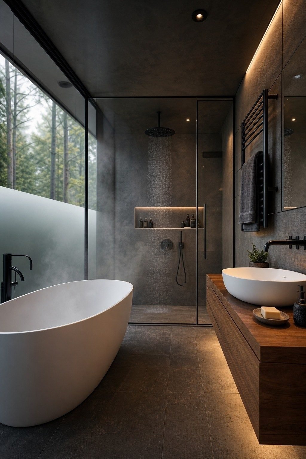 Skybox luxury bathroom with soaking tub, rain shower, and forest window view