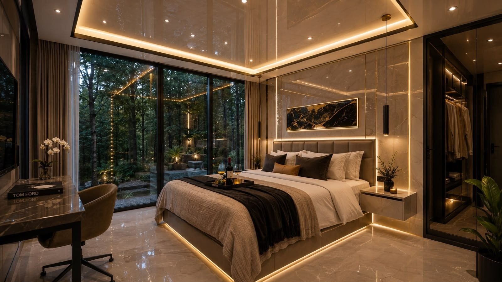 Ultra-premium bedroom interior with backlit ceilings and forest views